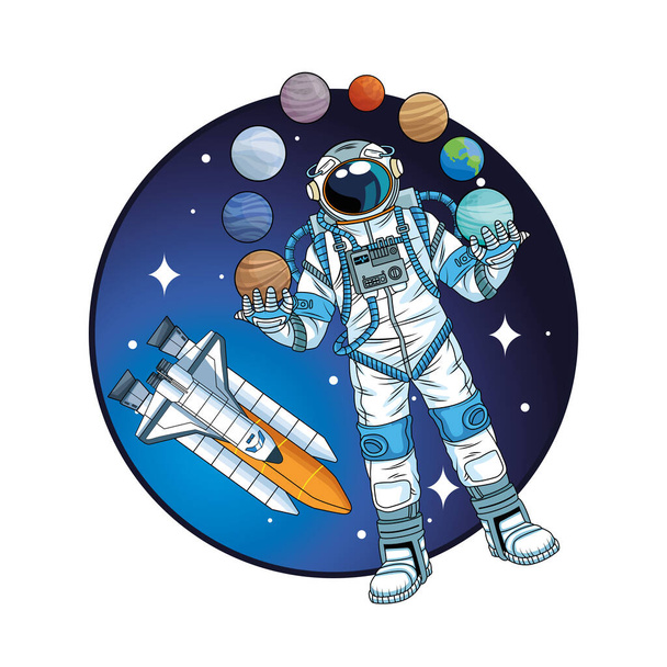 astronaut with rocket and planets in the space - Vector, Image