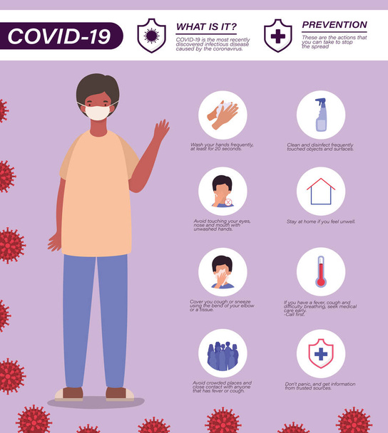 Covid 19 virus prevence tipy a muž avatar s maskou vektor design - Vektor, obrázek