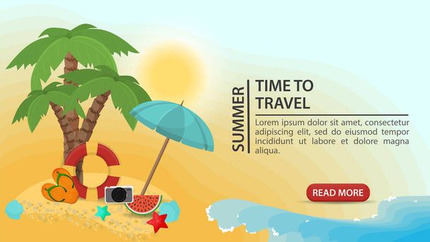 Bannerwerbung, Sommerurlaub, Dinge und Lebensmittel, die unter einem Sonnenschirm und Palmen liegen, an einem Sandstrand, für Design-Design, flache Vektorillustration - Vektor, Bild