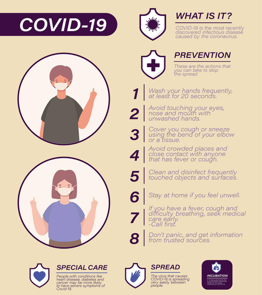 Covid 19 virus prevence tipy žena a muž avatar s maskami vektor design - Vektor, obrázek