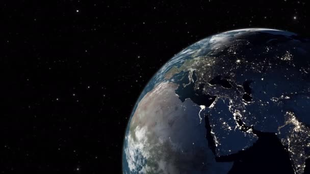 Ruimtezicht van de Aarde Realistische 4K 3D weergave animatie. Planeet Aarde vanuit de ruimte. De camera vliegt de aarde in. Sterren Twinkelen. Vlucht over de aarde. - Video