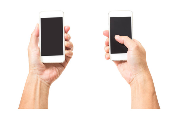 Homem mão segurando smartphone preto isolado no fundo branco
 - Foto, Imagem