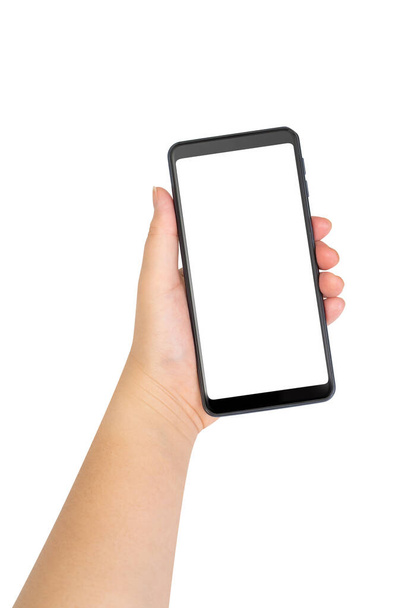 Femme main tenant smartphone noir avec écran blanc vierge isolé sur fond blanc. chemin de coupe
 - Photo, image