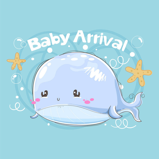 Tarjeta de llegada Baby shower con ballena
 - Vector, Imagen