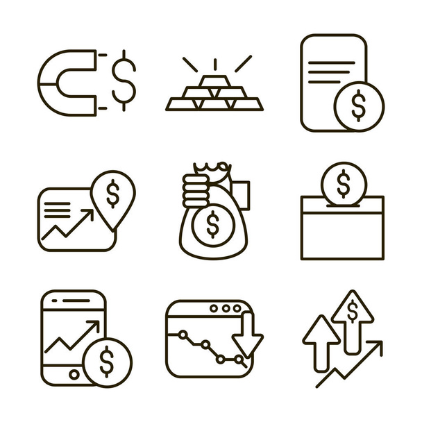 giełdowe finanse biznesu ekonomia pieniądze ikony ustawić styl linii ikona - Wektor, obraz