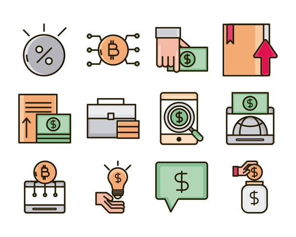 Yatırım mali ekonomi para ikonları çizgi ve doldurma simgesi - Vektör, Görsel