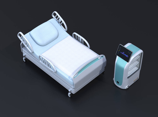 Orvosi szállító robot és ágy fekete háttérrel. Fertőzés-megelőzés. 3D-s renderelés. - Fotó, kép