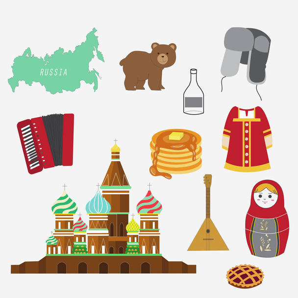 Rusland icon set, vector collectie van de Russische cultuur, waaronder St. St. Basilicum kathedraal, matroesjka pop, Russische gitaar. geïsoleerd op wit - Vector, afbeelding