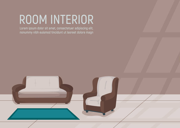 Koncepció home room design belső, kanapé és szék áll egyedül üres hely, lapos vektor illusztráció. Modern nappali fotellel, szoba minimális stílus. - Vektor, kép