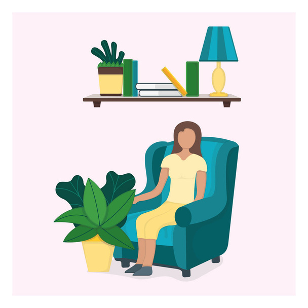Carattere sedia seduta femminile con vaso foglia verde, riposo donna e sonno isolato su rosa, illustrazione vettoriale piatta. Accogliente scaffale interno moderno e seggiolone
. - Vettoriali, immagini