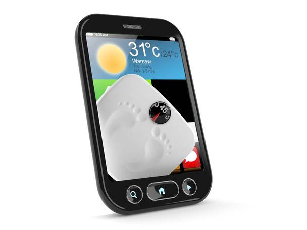 Scala di peso all'interno dello smartphone isolato su sfondo bianco. Illustrazione 3d
 - Foto, immagini