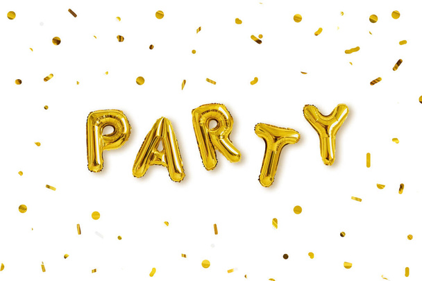 The word "party" made of golden balloons and golden confetti isolated on white background. - Valokuva, kuva