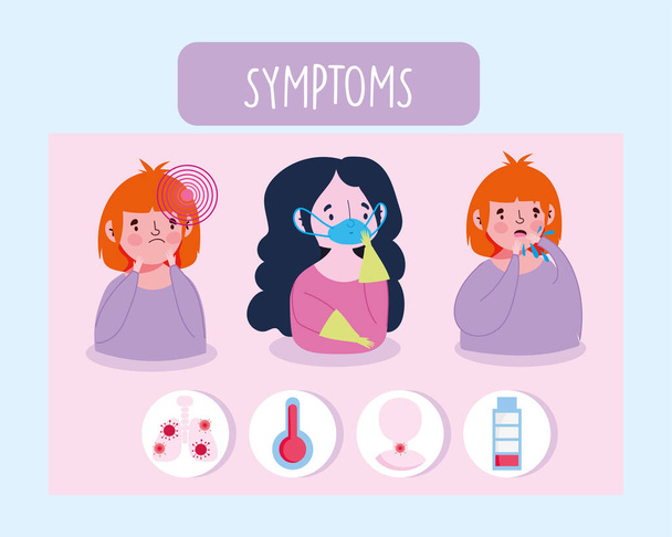covid 19 coronavirus infographic, sick people symptoms fever, fatigue, cough - Vector, Image