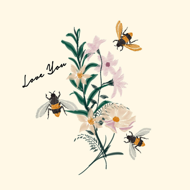 Bumble Bee and flower embroidery vector design, vintage fashion on light beige background. - Vektor, kép