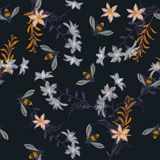 Embroidery honey bee,with wild flowers  many kind of florals Seamless pattern vector backdrop. Trendy art colorful on navy blue background - Vetor, Imagem