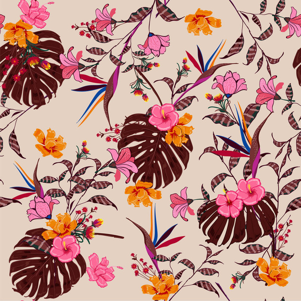 vector seamless beautiful artistic tropical pattern with exotic forest. Colorful original stylish floral background print, bright rainbow flower on beige. - Vektori, kuva