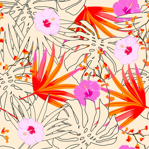 Vector seamless beautiful artistic bright tropical pattern with exotic forest. Colorful original stylish floral background print, bright  colors on beige. - Vektor, obrázek