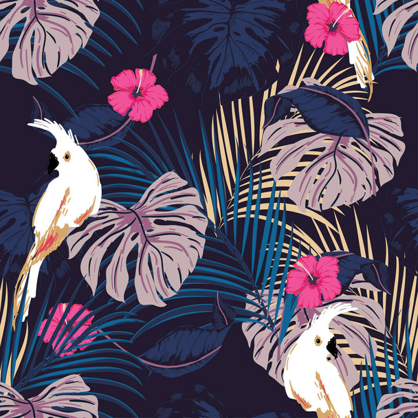 vektor hladký krásný umělecký tmavý tropický vzor s exotickým lesem. Barevné originální stylové květinové pozadí tisk, světlé barvy na námořně modré. - Vektor, obrázek
