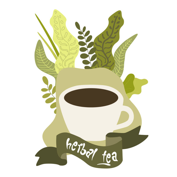 Kruidengroene thee, kopje natuurlijke drank met biologische kruiden en groen geïsoleerde vector illustratie. - Vector, afbeelding