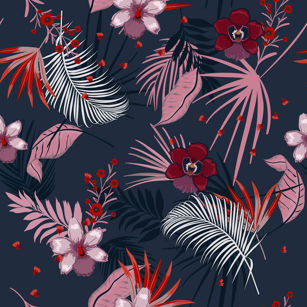 vector seamless beautiful artistic dark summer night  bright tropical pattern with exotic forest. Colorful original stylish floral mix with leaves  background print, on navy bluer colors - Vector, Image