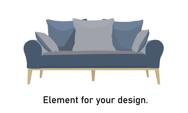 Nowoczesna, modna sofa z poduszkami. Ilustracja wektora. Element do projektowania. Niebieska sofa - Wektor, obraz