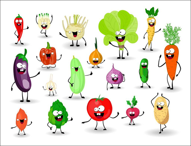 Gemüsesorten. Gemüsefiguren mit Händen und Gesichtern. Tomaten und Spinat, Gurken und Chili. Auberginen und Kohl. Sellerie und Rettich. Nützliche Produkte. Vegetarismus. - Vektor, Bild