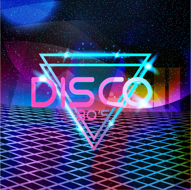 Disco-Design Neon im Retro-Stil der 80er Jahre. Landschaft mit Raster im Retro-Stil der 80er Jahre - Vektor, Bild