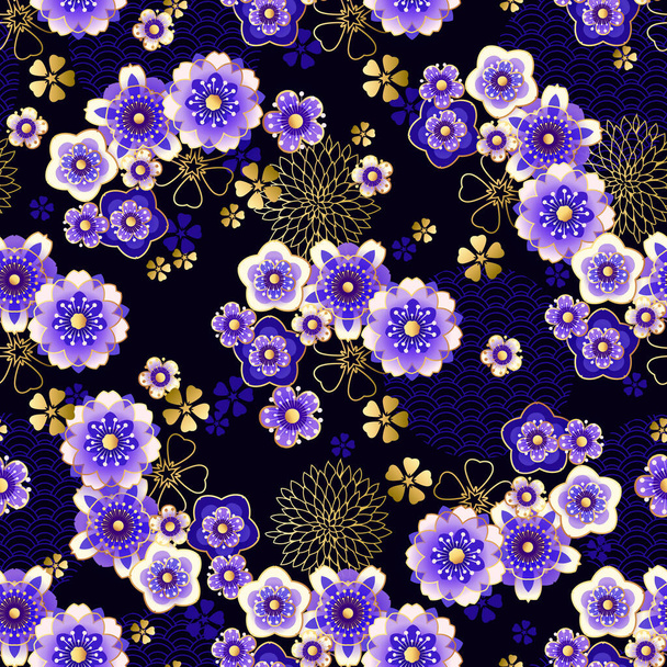 Seamless floral spring pattern with blooming plum in Chinese style - Vector, Image