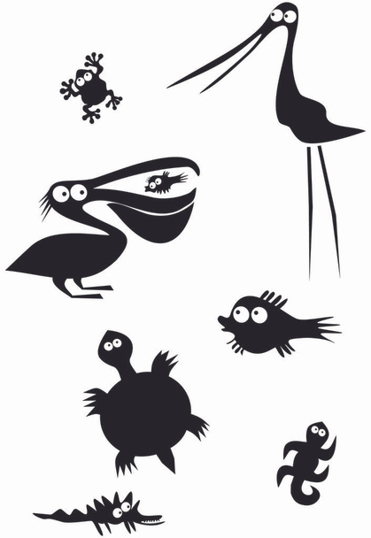 Funny wading birds and fishes on white background - Foto, Bild