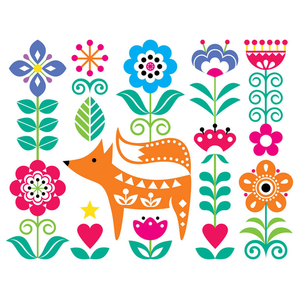 Scandinavian cute folk art vector design with flowers and fox, floral pattern perfect for greeting card or invitation inspired by traditional embroidery from Sweden, Norway and Denmark - Vector, Image