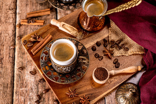 Coffee concept photography on a natural wood background - Photo, Image