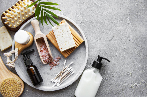 Zero waste natural cosmetics products on concrete background. Flat lay.  - Photo, Image