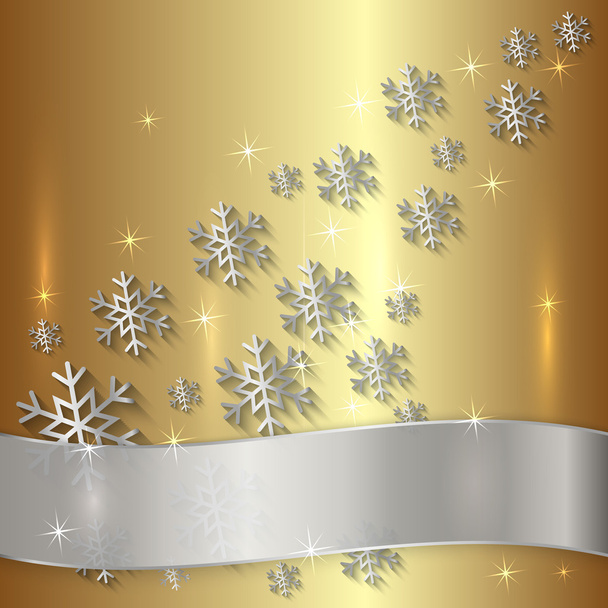 Placa de ouro vetorial com flocos de neve e fita branca
 - Vetor, Imagem