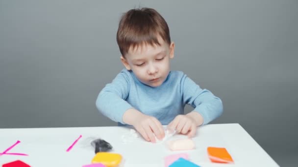Footage of dad and son making animals from plasticine on gray background - Footage, Video