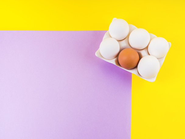 Bílé a jedno hnědé vejce na žluté a fialové - Fotografie, Obrázek