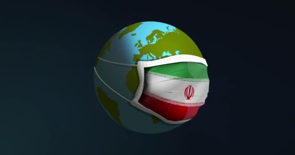 Animatie van de aardbol in medisch gezichtsmasker met Iraanse vlag erop voor bacteriën of virusbescherming. Concept van gevaarlijke pandemische coronavirus. Geïsoleerd op zwarte achtergrond. - Video