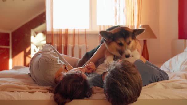 szczęśliwy piękny para z pies na łóżko w domu - Materiał filmowy, wideo