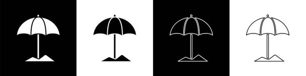 黒と白の背景に隔離されたビーチアイコンのための日保護傘を設定します。屋外空間のための大きなパラソル。ビーチ傘。ベクターイラスト - ベクター画像