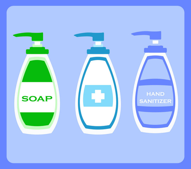 μπουκάλι απολυμαντικό χεριών ή σαπούνι, σύμβολο φορέα για την υγιεινή. για ένα πανό πινακίδας - Διάνυσμα, εικόνα