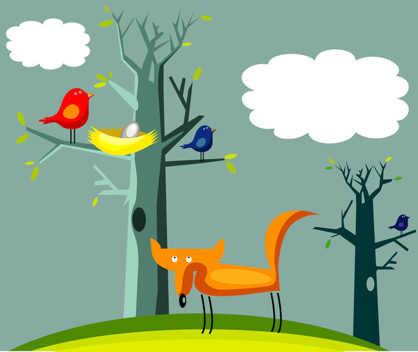 Funny fox and birds illustration - Foto, immagini