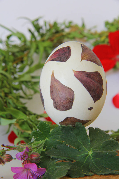 Πασχαλινά αυγά χειροποίητη διακόσμηση με τεχνική decoupage από ποώδη λουλούδια και φύλλα και έγχρωμο χαρτί. - Φωτογραφία, εικόνα