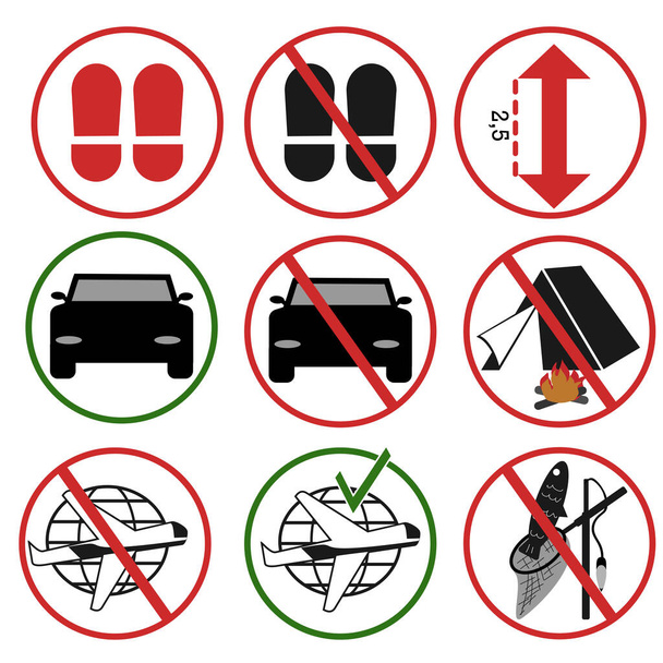 禁断のサイン集。道路、空気や公共の場所のステッカー。人間の足のプリントのパスは、赤い記号で交差しています。シンボルを移動しないでください。 - ベクター画像