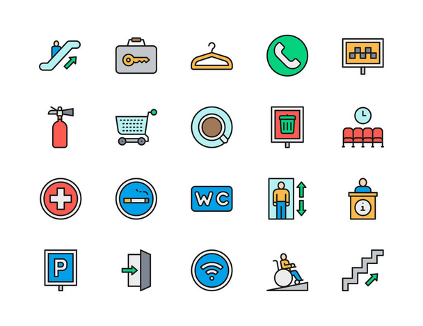 Conjunto de iconos de línea de color de navegación pública. Percha, Taxi, Aseo, Wifi y más
. - Vector, Imagen