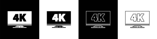 Setzen Sie Bildschirmfernseher mit 4k Ultra-HD-Videotechnologie-Symbol isoliert auf schwarz-weißem Hintergrund. Vektorillustration - Vektor, Bild