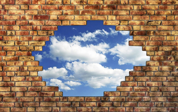 Τοίχος τούβλο με διάλειμμα γούρνα για να δείτε το μπλε του ουρανού με σύννεφα - Φωτογραφία, εικόνα
