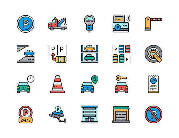 Ensemble d'icônes de couleur plate de parking. Camion, compteur de stationnement, cône de circulation et plus
 - Vecteur, image