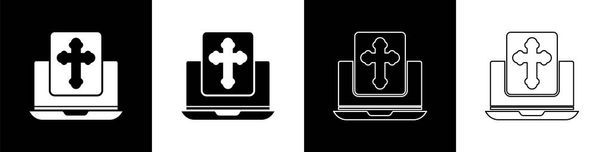 Stel Cross op het pictogram van het laptopscherm geïsoleerd op zwart-witte achtergrond. Vector Illustratie - Vector, afbeelding