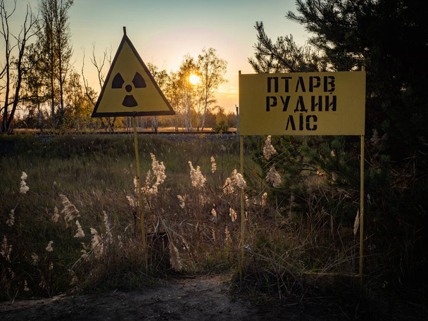 Panneau d'avertissement de rayonnement avec le nom - "Forêt rouge" en langue ukrainienne. Zone d'exclusion de Tchernobyl. Ukraine
. - Photo, image