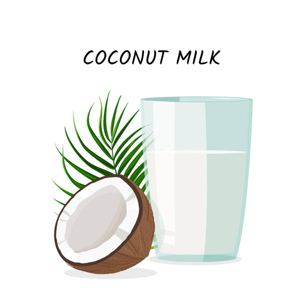 Vereinzelt auf weißem Hintergrund. Ganze anderthalb Kokosnüsse und ein Glas Kokosmilch mit grünem Blatt. - Vektor, Bild