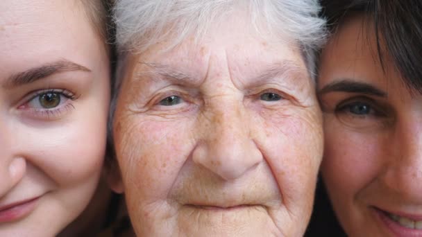 Portrait of elderly woman with her daughter and granddaughter looking into camera and smiling together. Happy ladies showing joyful emotions on faces. Positive facial expression of women. Close up - Video, Çekim